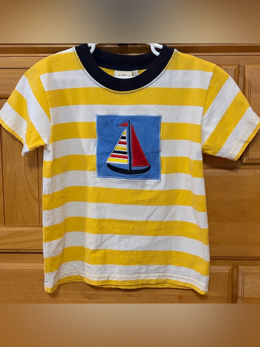 Luigi Kids Boy's Yellow & White Striped Tee Shirt with Sailboat Appliqué Size 5